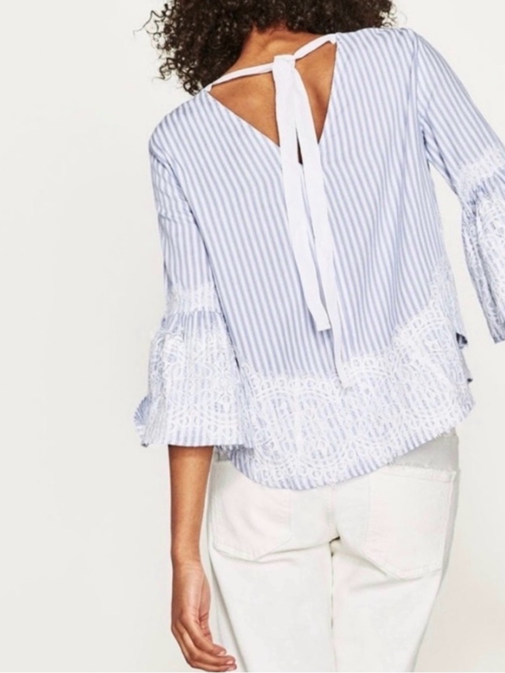 Zara Blue and White Striped Lace-Trim Tie-Back Blouse